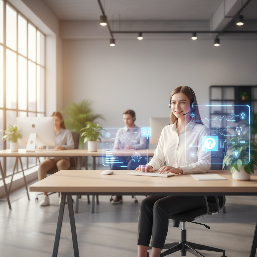 Klientu aptarnavimo agente biure su subtiliu AI hologramu fone