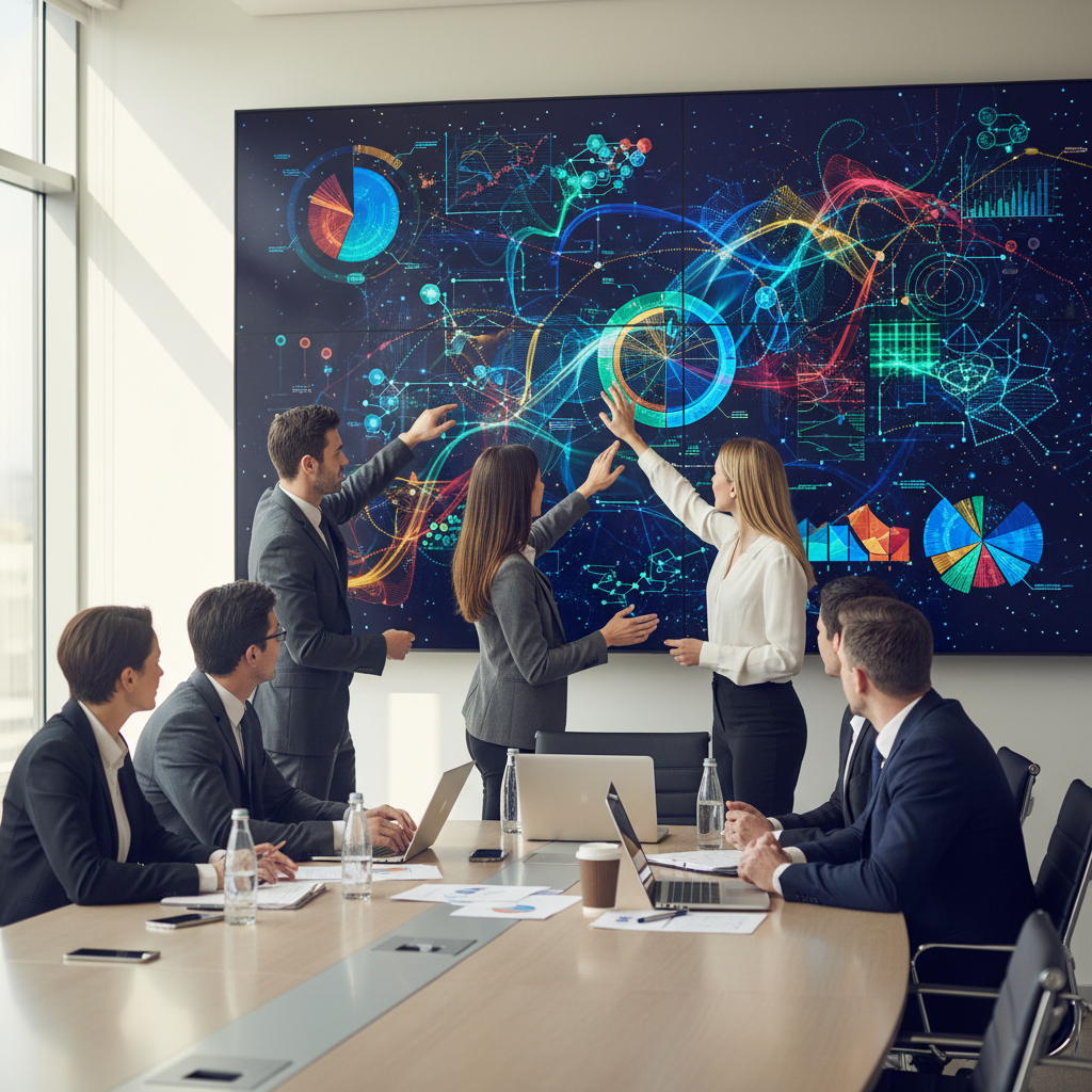 Komanda aptaria AI analitikos rodiklius konferenciniame kambaryje