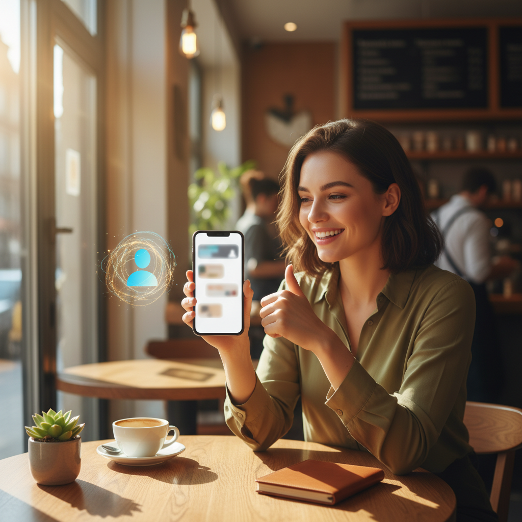 Patenkintas klientas naudojasi telefonu ir gauna greitą AI atsakymą