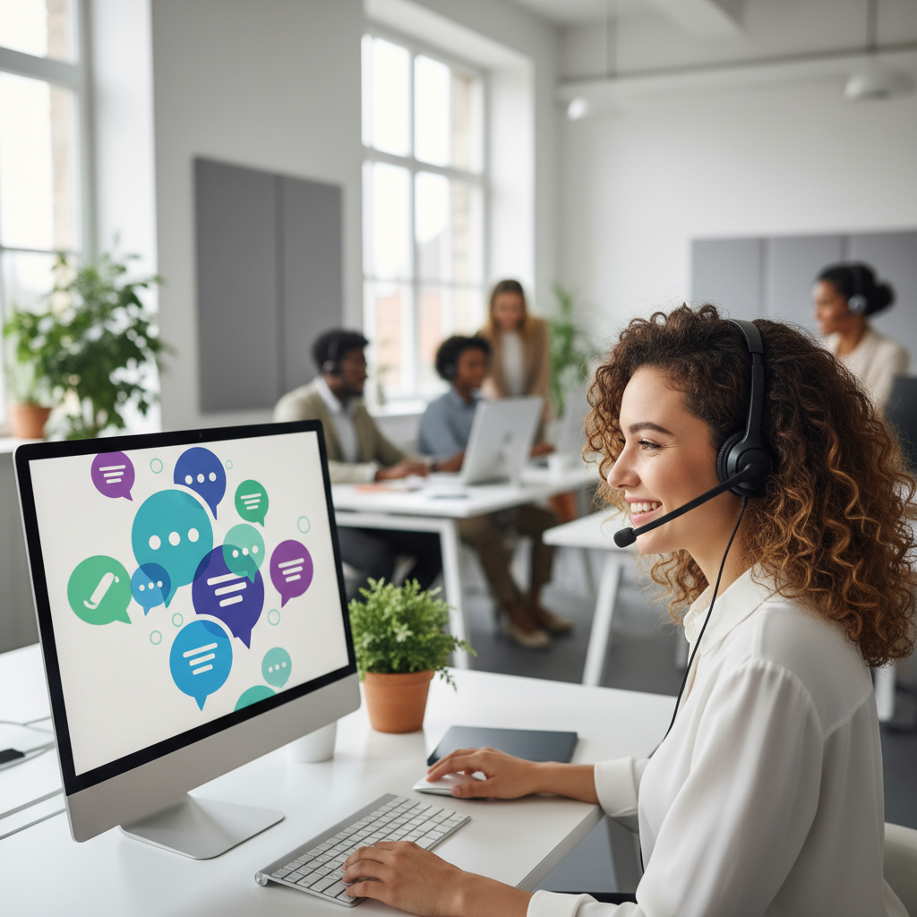Chatbot pagalba klientams – aptarnavimo agentas su ausinėmis biure