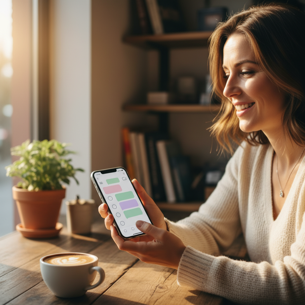 Verslininkas tikrina chatbot žinutes telefone kavinėje