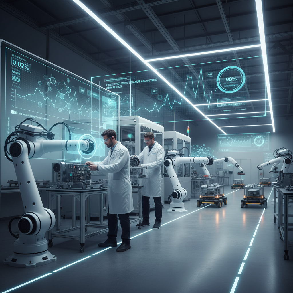 Gamybos cechas su robotais ir žmogaus priežiūra, kuriame veikia AI sprendimai