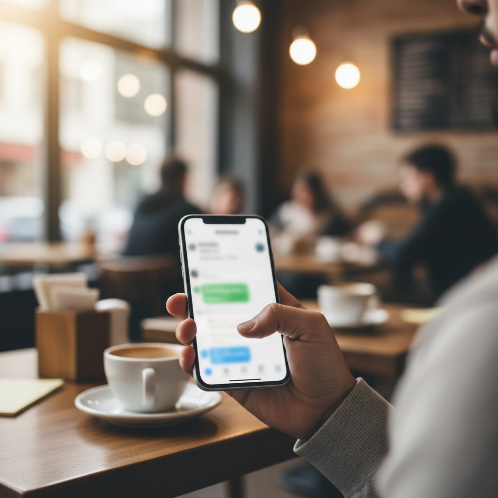Žmogus rankoje laiko telefoną su pokalbiu, rodomu kaip sulieti burbulai kavinėje