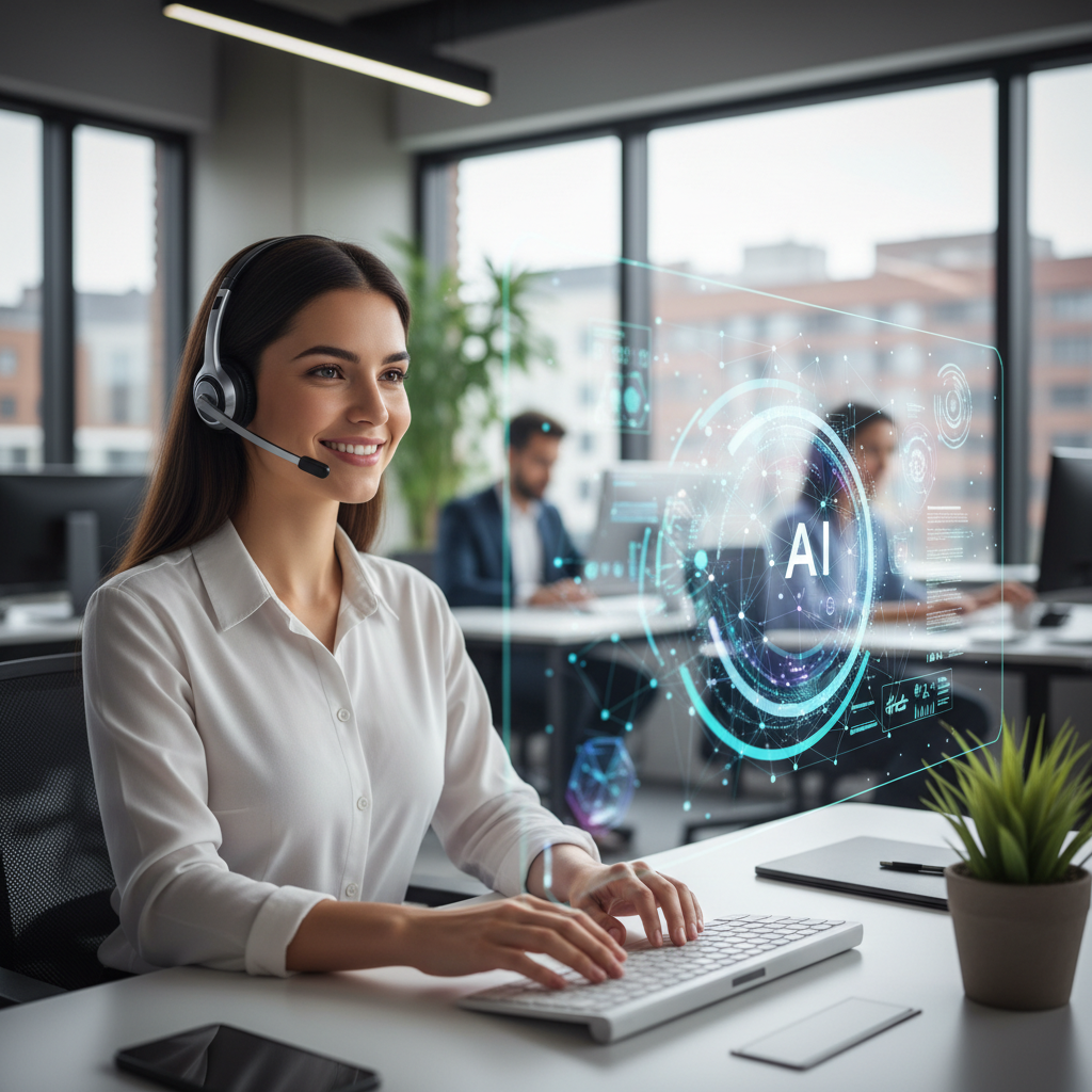 Klientų aptarnavimo specialistas dirba su AI pagalbinėmis priemonėmis