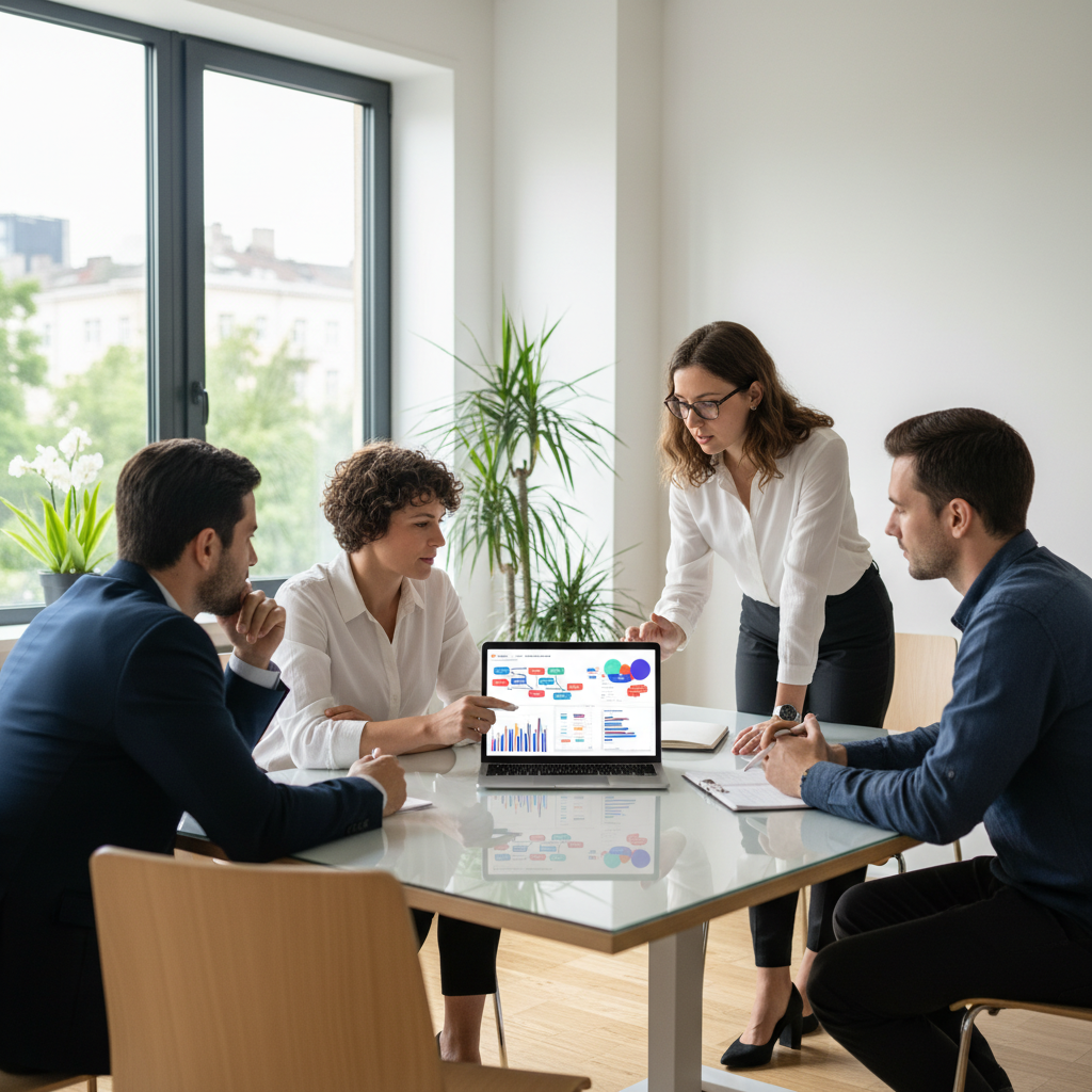 Komanda aptaria CRM automatizacijos sprendimus prie nešiojamojo kompiuterio