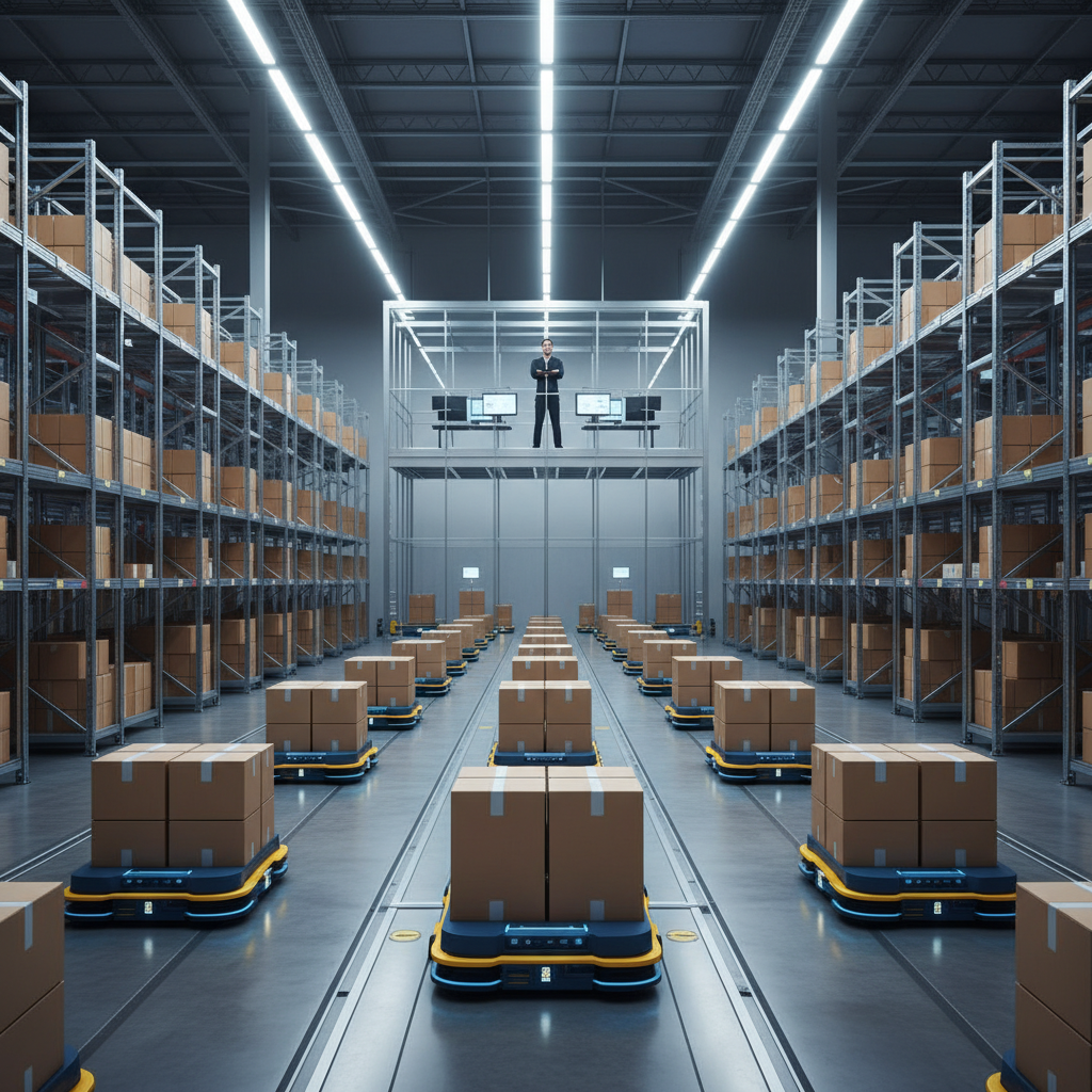 Automatizuotas sandelis su judančiais robotais ir paketu sistemomis