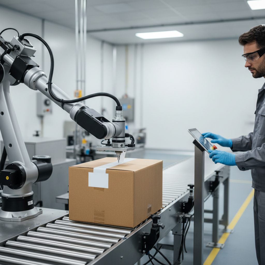 Artimas planas robotizuoto pakavimo proceso ant konvejerio