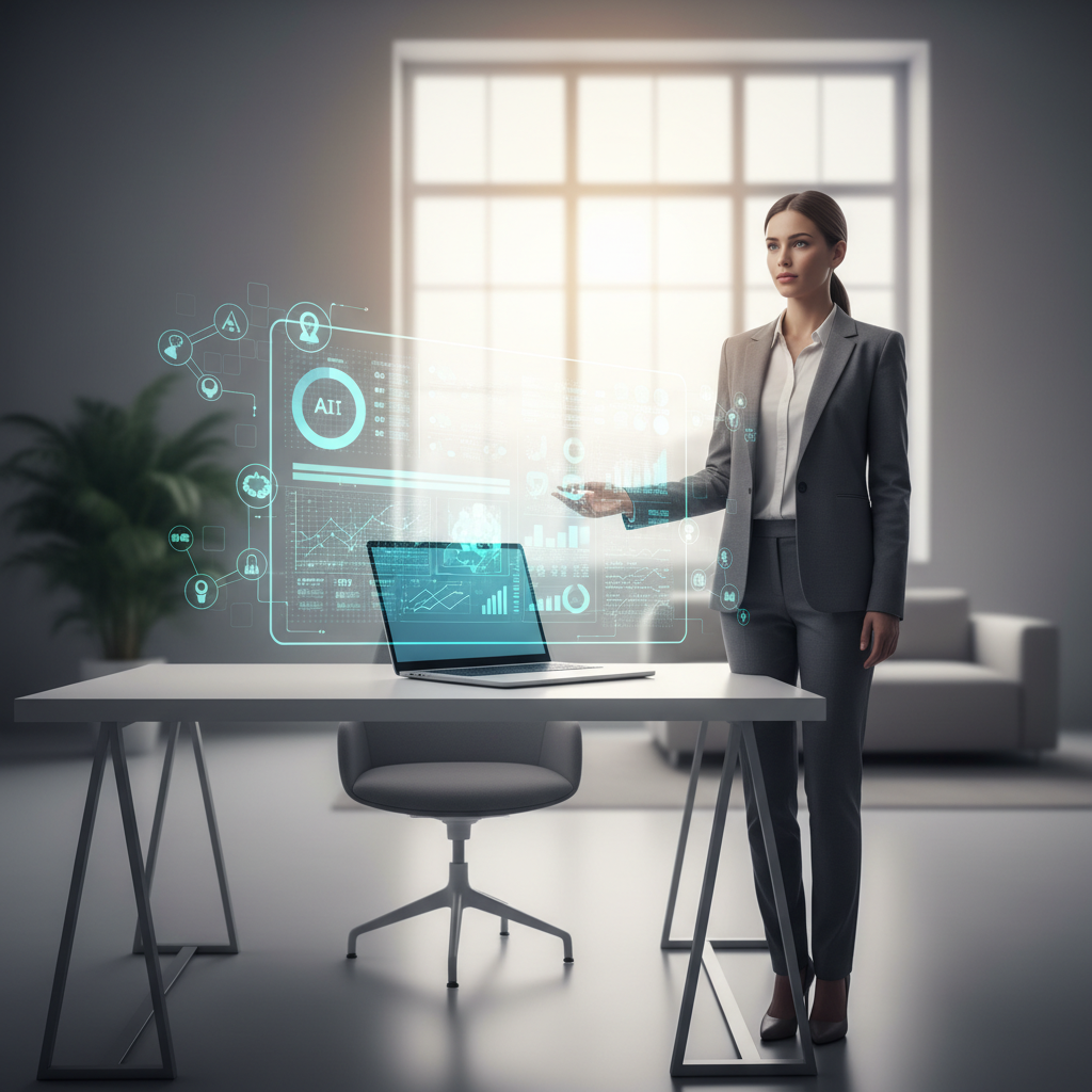 CRM automatizavimas su AI viršelio nuotrauka: modernus biuras su holografiniu CRM instrumentų paneliu