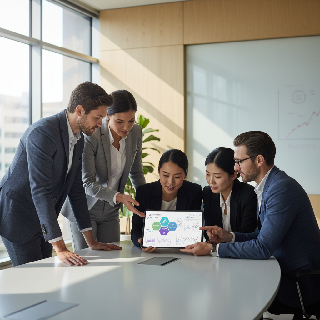 Komandinė diskusija apie CRM automatizavimą su AI tabletėje rodoma įžvalga