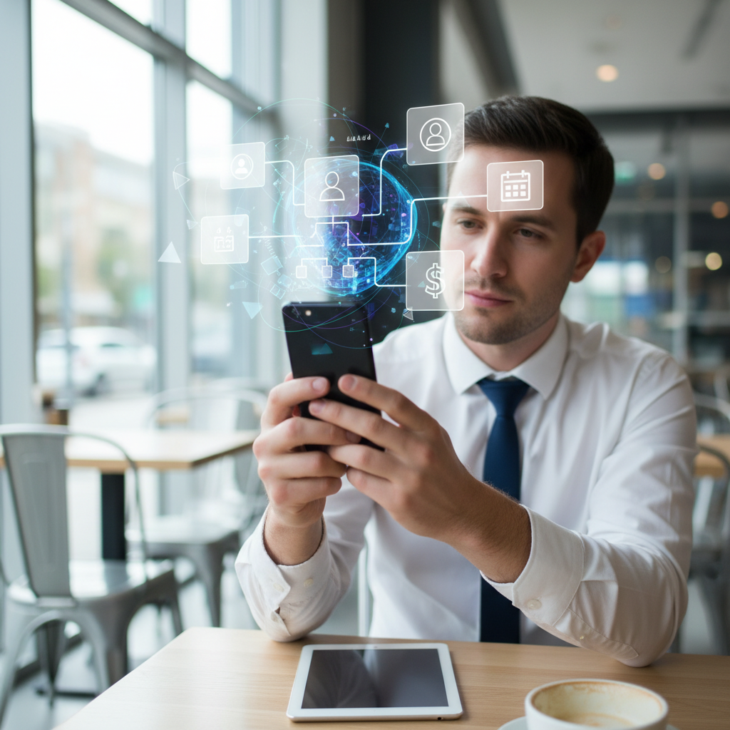 Mobilus CRM su AI: pardavėjas su išmaniuoju telefonu ir AI siūlomomis kortelėmis