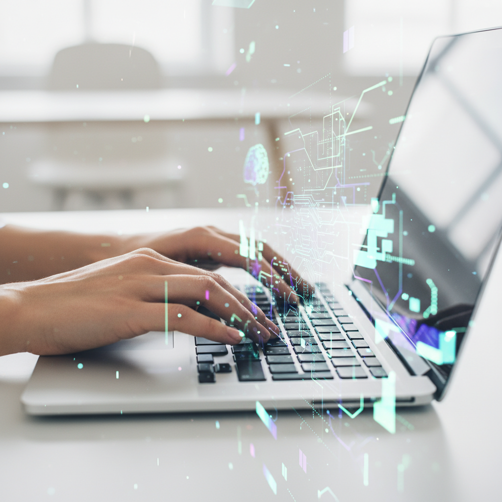 Rankos prie kompiuterio su skaitmeniniais AI overlay elementais, simbolizuojančiais proceso automatizavimą