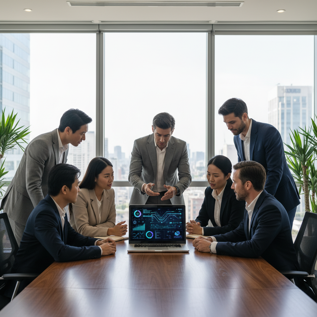 Verslo komanda aptaria AI analitiką susitikime prie stalo