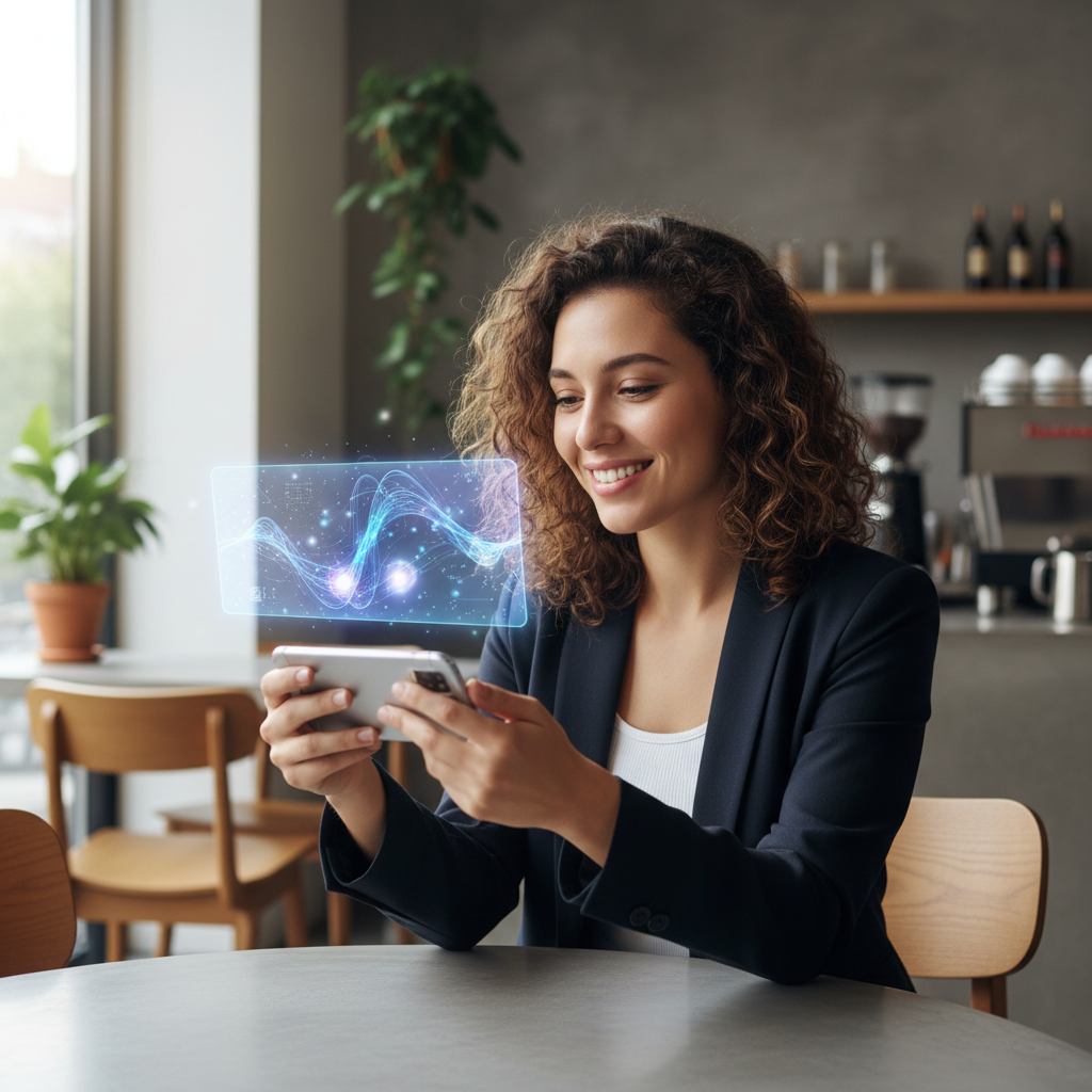 Žmogiškas klientas naudojantis išmanųjį telefoną su AI pagalba kavinėje
