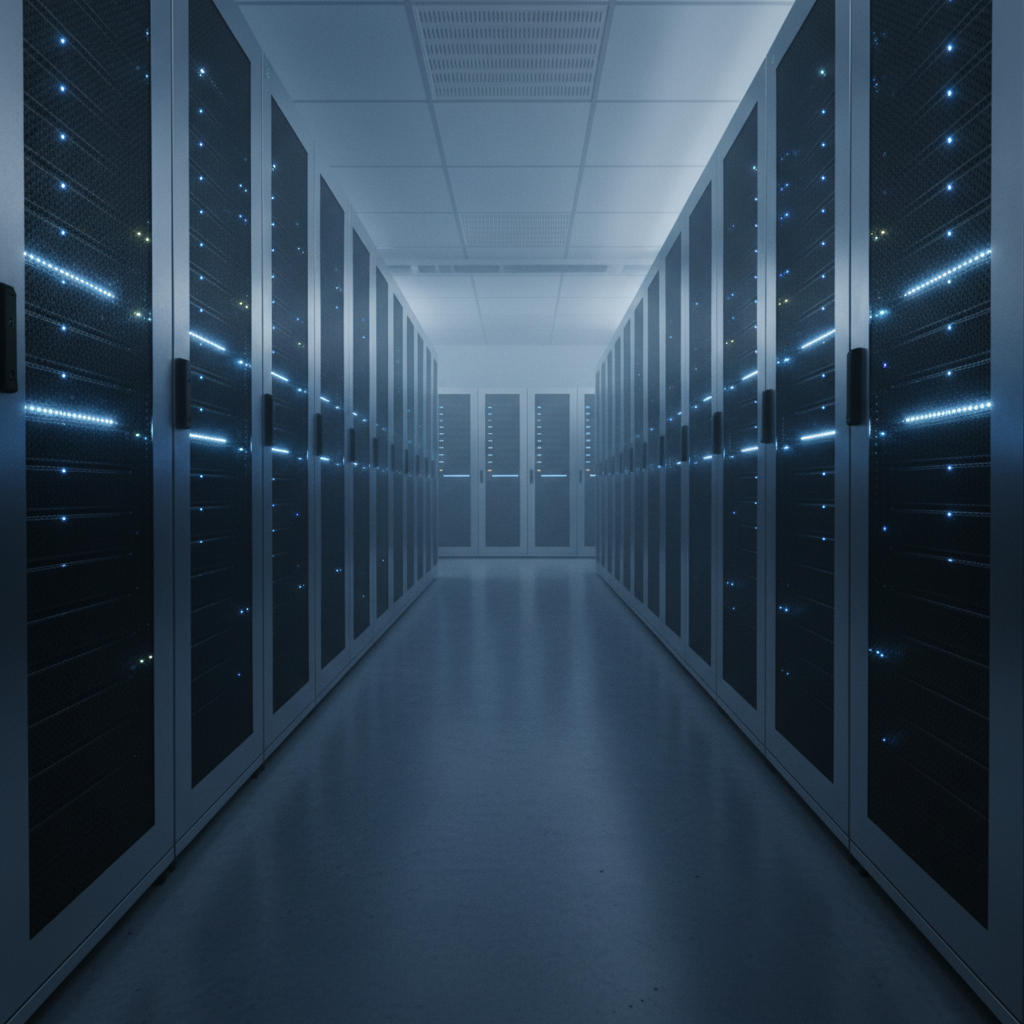 Moderni serverių patalpa, simbolizuojanti automatizuotą IT infrastruktūrą