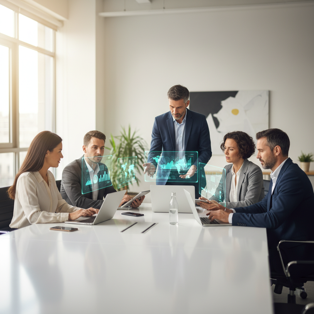 Komanda aptaria AI sprendimų diegimą moderniame biure.