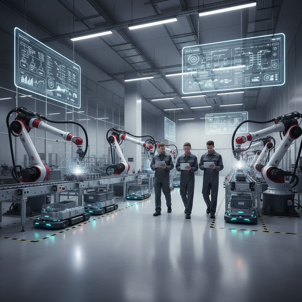 Gamybos cechas su robotais ir inžinieriais, stebinčiais procesus per AI valdomas sistemas