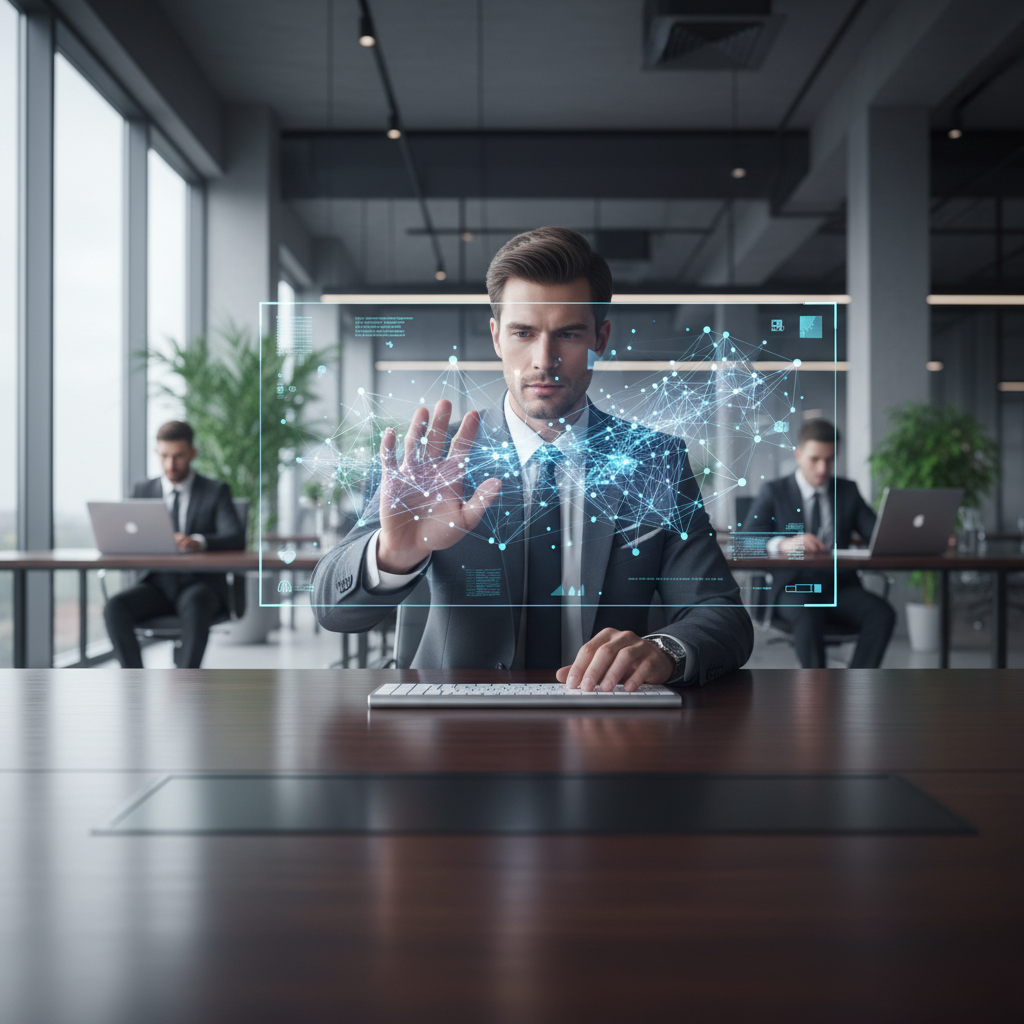 Verslo profesionalas sąveikauja su holografine AI sąsaja moderniame biure