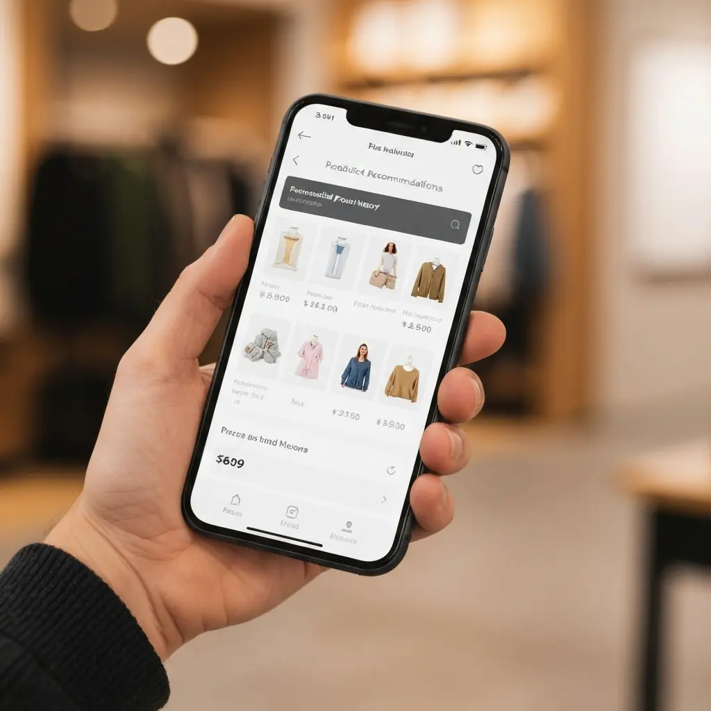 Išmanusis telefonas su suasmenintomis produktų kortelėmis, rodantis AI pagrįstus pasiūlymus pirkėjui