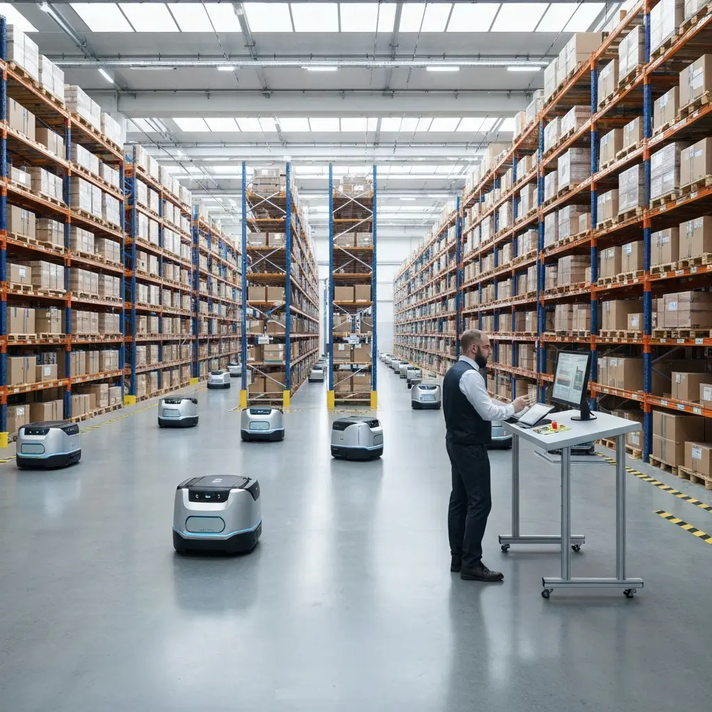 Automatizuotas sandėlis su robotais perkeliančiais siuntas