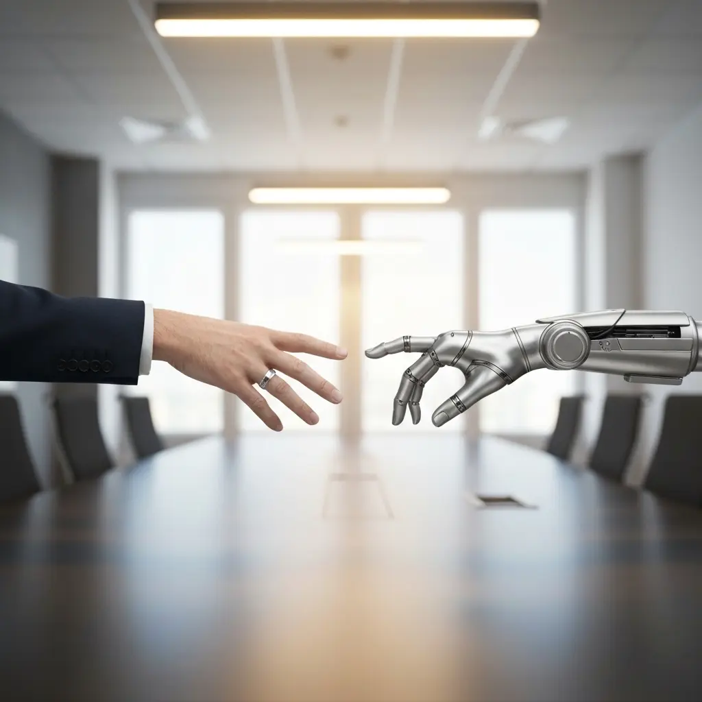 Žmogus ir robotas rankomis simboliškai bendradarbiauja moderniame biure.